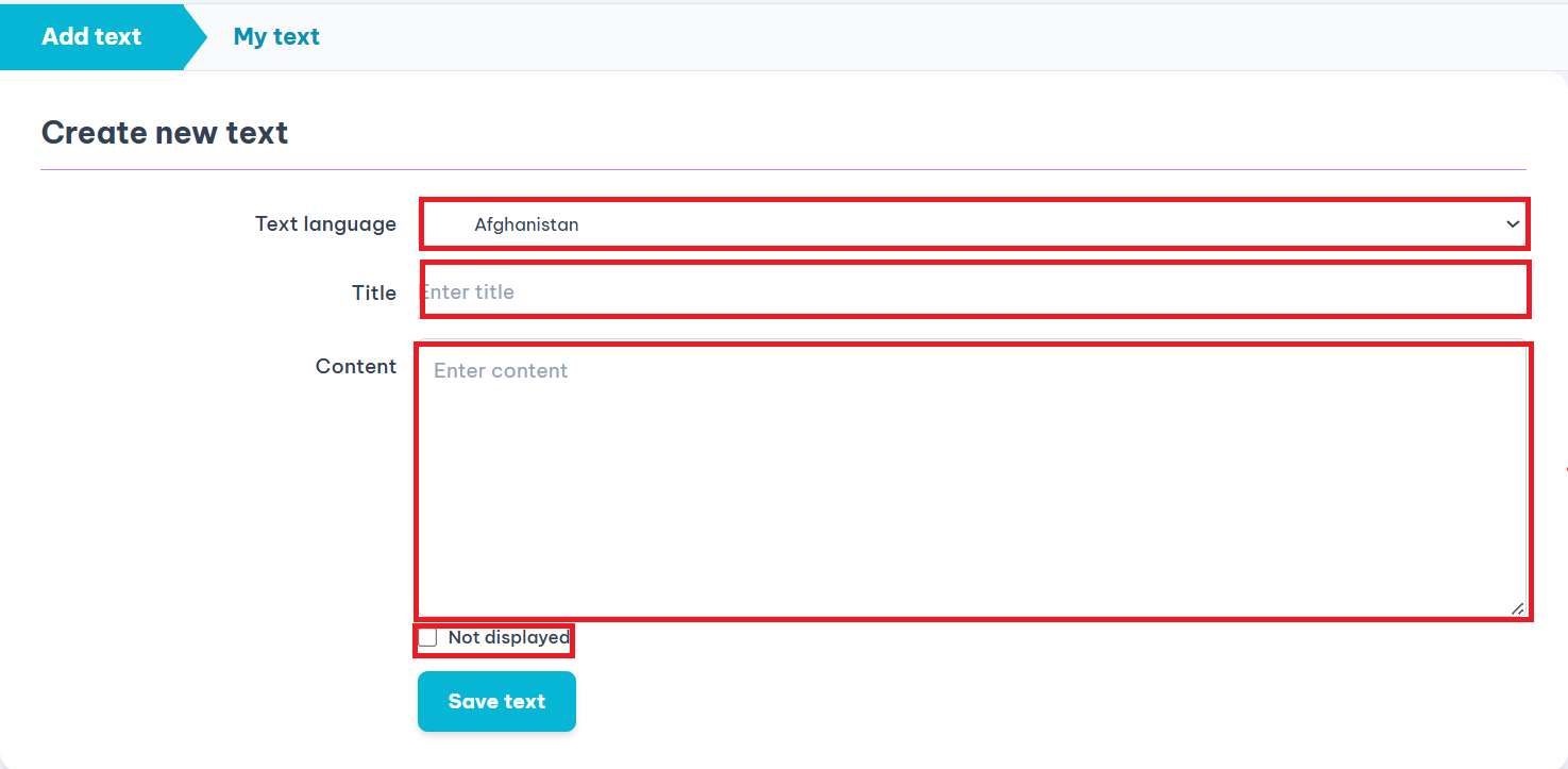 Text creation form screenshot
