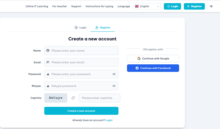 Registration page screenshot